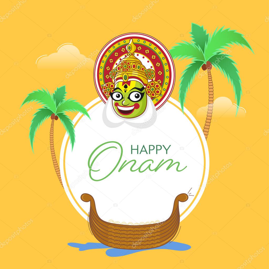 Happy Onam Font in White Circular Shape with Happiness Kathakali Face, Coconut Trees and Empty Aranmula Boat on Yellow Background.