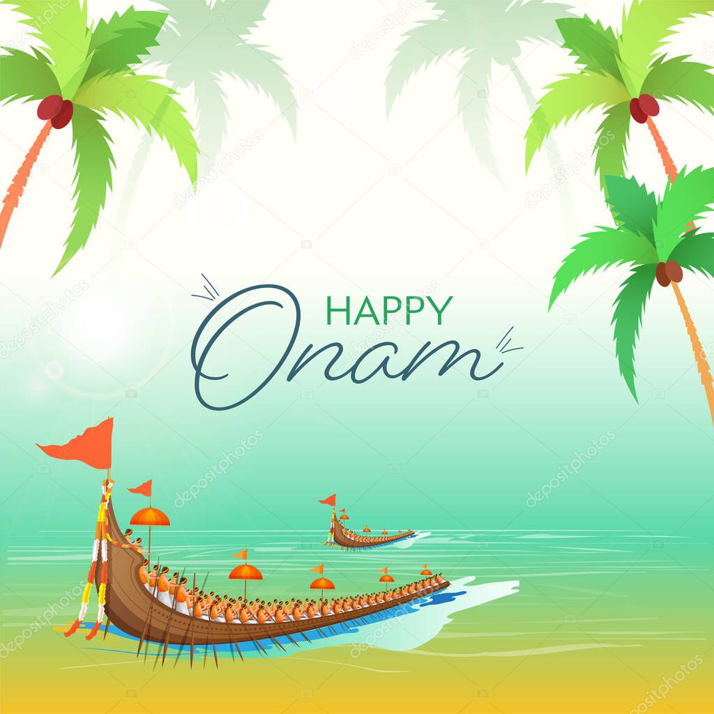 Happy Onam Font with Coconut Trees and Aranmula Boat Race on Sunshine Sea or Ocean Background.