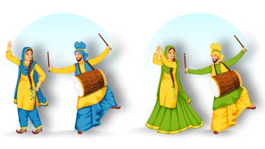 Punjabi Man Playing Dhol (Drum) and Woman Performing Bhangra Dance in Two Option. clipart