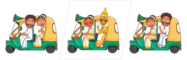 South Indian Man with Woman and Kathakali Dancer Riding on Auto Taxi for Announcement. clipart