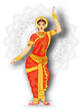 Hintli Güzel Kadın Beyaz Mandala Desenli Arkaplanda Bharatanatyam Dansı Yapıyor.