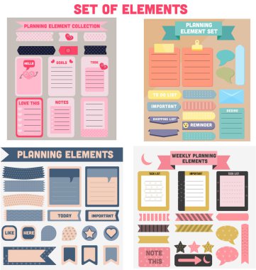 Sticky, Label, Bookmark, Ribbon, Paper and Notes gibi Renkli Haftalık Planlama Elementleri Koleksiyonu.