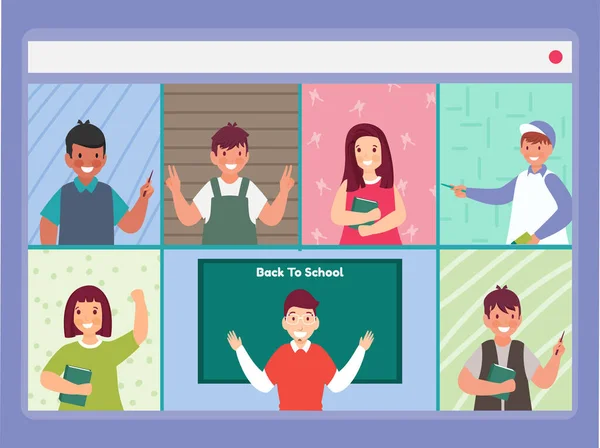 Videokonferens Online För Elever Och Lärare Från Deras Hem Webbplatsen — Stock vektor