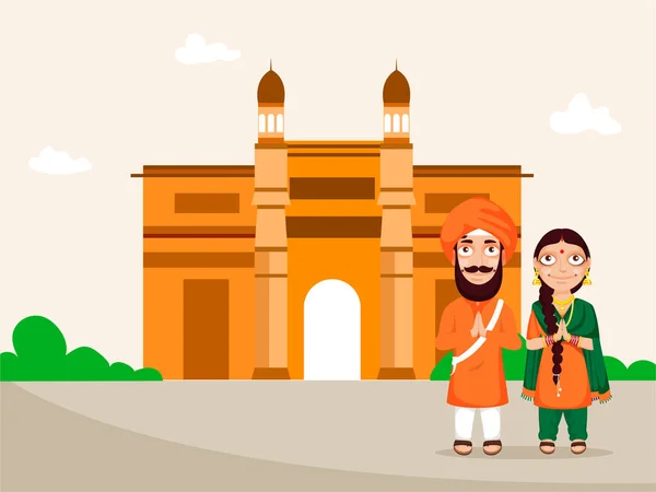 Couple Punjabi Doing Namaste Pose Bienvenue Avec Monument Passerelle Inde — Image vectorielle