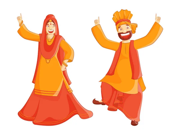 Fröhliches Punjabi Paar Führt Bhangra Tanz Auf Weißem Hintergrund Auf — Stockvektor