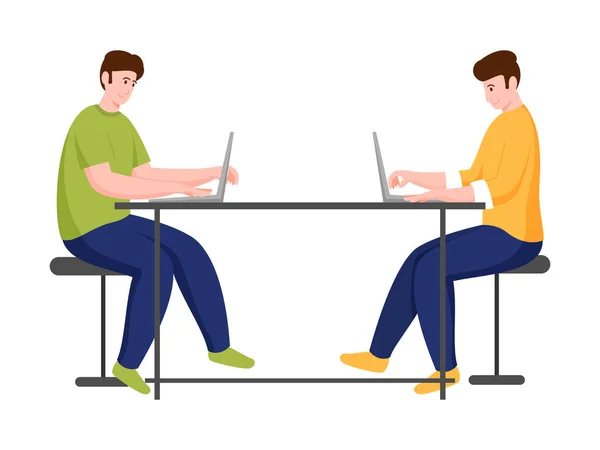 Två Man Använder Laptop Sitter Motsatt Riktning Samma Skrivbord — Stock vektor
