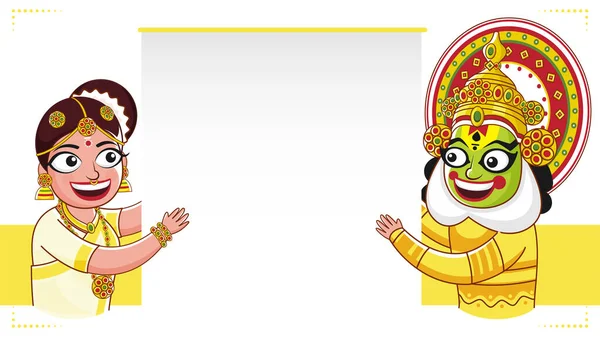 Kathakali Dancer South Indian Woman Holding Blank Paper White Yellow — Stock Vector