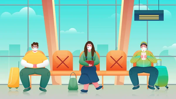 待合室や出発ラウンジで社会的距離を保つために座席に座って医療マスクを身に着けている乗客 — ストックベクタ
