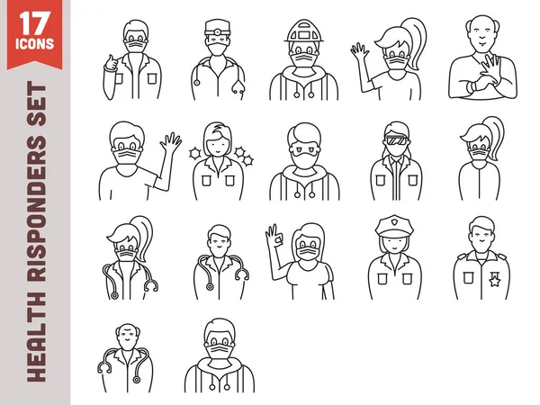 Black Outline Healthcare Responders Character Icon Set Platt Stil — Stock vektor