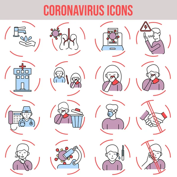 Icona Prevenzione Stile Piatto Coronavirus Covid Impostata Sfondo Rosso Cerchio — Vettoriale Stock
