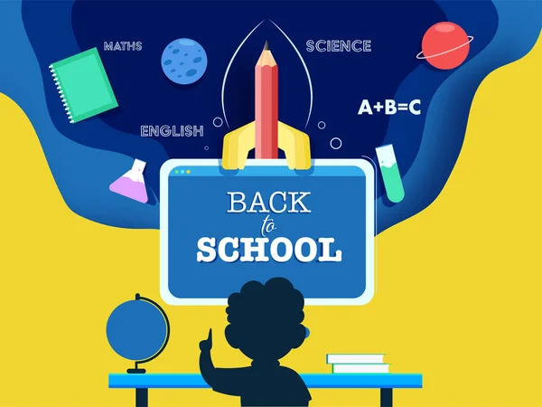 Back School Text Computer Screen Silhouette Boy Book Pencil Rocket — ストックベクタ