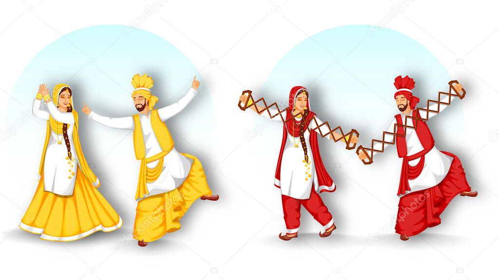 Set of Punjabi Couple Performing Bhangra Dance with Sapp Instrument on White and Blue Background.