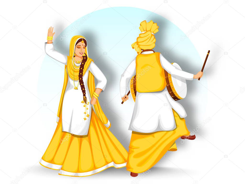 Back View of Punjabi Man Playing Dhol (Drum) and Woman Performing Bhangra Dance on White Background.