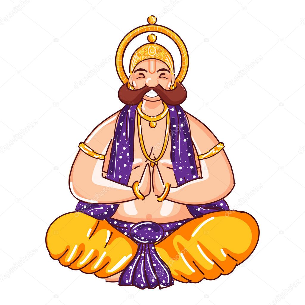 Cartoon King Mahabali Doing Namaste in Sitting Pose.