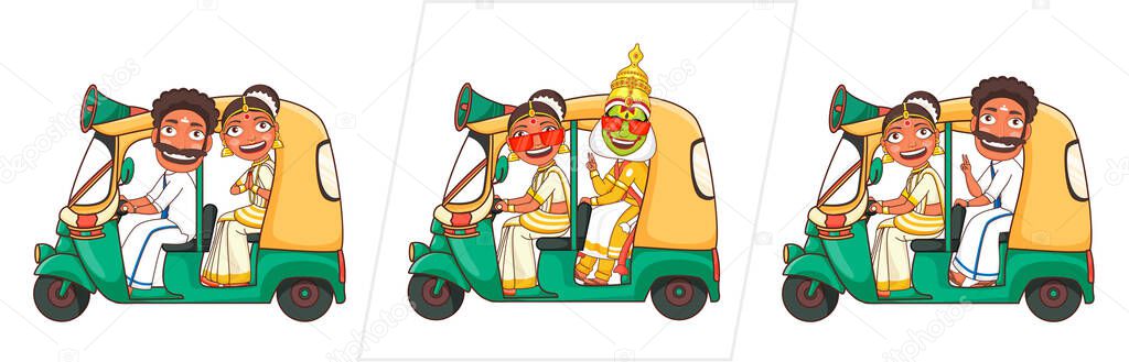 South Indian Man with Woman and Kathakali Dancer Riding on Auto Taxi for Announcement.