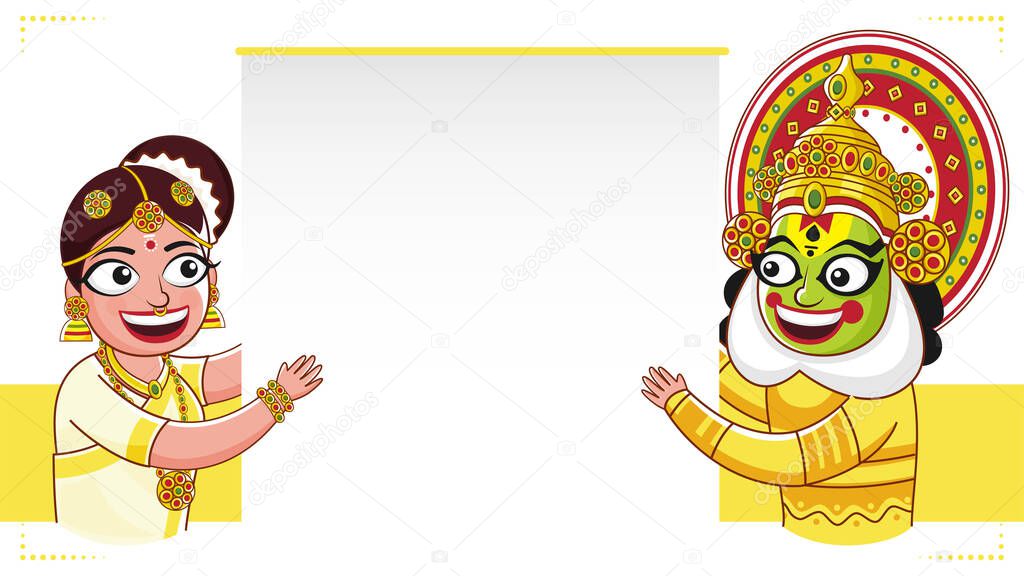 Kathakali Dancer and South Indian Woman holding a Blank Paper on White and Yellow Background.