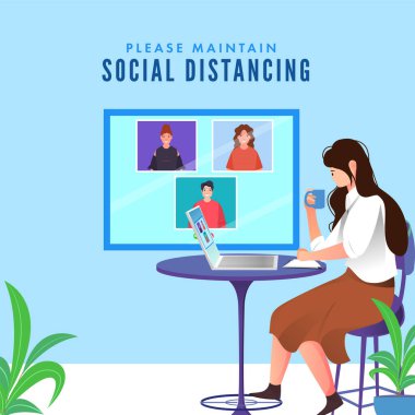 Sosyal Mesafeyi Korumak İçin Masa 'da Laptop' ta Kahve ya da Çay İçen Genç Kız Video Konferansı Yapıyor.