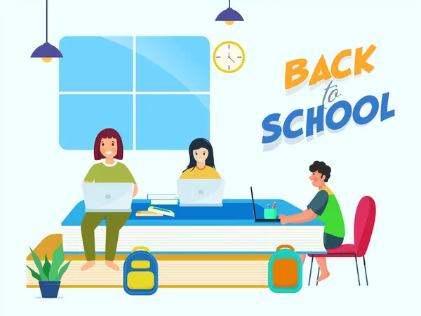 Cartoon Boy Girls Studying Laptop Books Backpacks Home Back School — Διανυσματικό Αρχείο