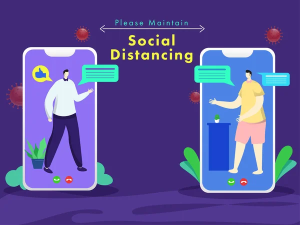 Cartoon Men Making Video Calls Chatting Smartphone Maintain Social Distance — Stockový vektor