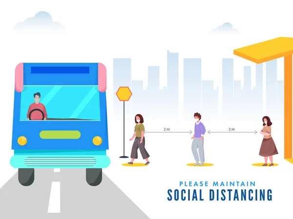 Люди Носять Захисну Маску Черзі Подорожі Автобусом Підтримують Соціальну Дистанцію — стоковий вектор