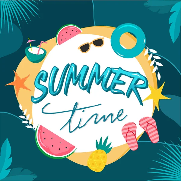 Summer Time Font Met Fruit Kokosdrank Goggles Lifebuoy Zeester Slipper — Stockvector