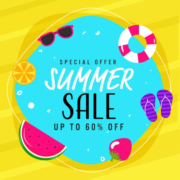 Summer Sale Plakáttervezés Kedvezménnyel Ajánlat Gyümölcsök Szemüveg Úszás Gyűrű Papucs — Stock Vector