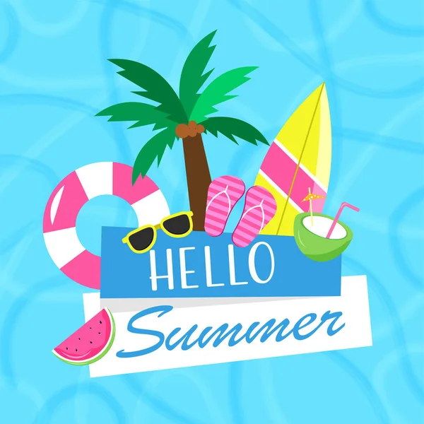 Hello Summer Font Кокосовым Треском Свирепым Арбузным Слайсом Тапочкой Гогглами — стоковый вектор