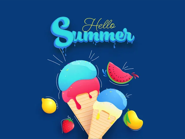 ブルードリッピング効果アイスクリームコーンと青の背景に現実的な果物と夏のテキスト — ストックベクタ
