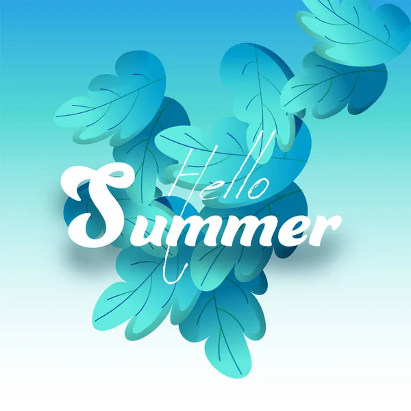 Hello Summer Font Τυρκουάζ Φύλλα Διακοσμημένο Γυαλιστερό Φόντο — Διανυσματικό Αρχείο