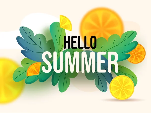 Hello Summer Text Green Leaves Orange Lemon Slices — стоковий вектор