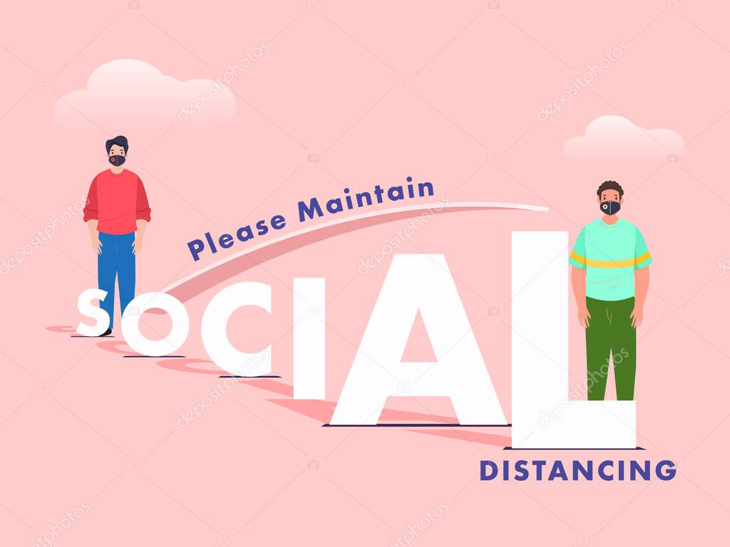 Paper Cut Social Text and Cartoon Man Measuring Distance from Other Person While Using Protective Mask on Light Pink Background.