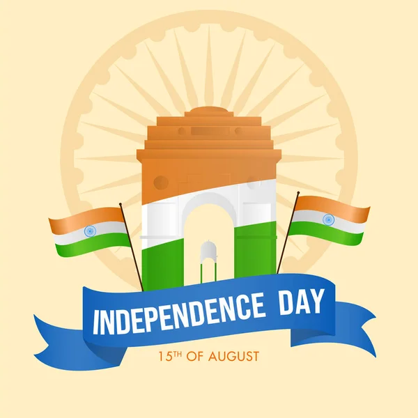 Sierpnia Dzień Niepodległości Tekst Flagami Indyjskimi Tricolor India Gate Baldachim — Wektor stockowy
