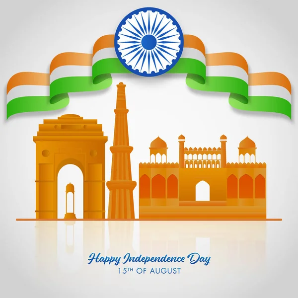 Happy Independence Day Concept India Famous Monuments Ashoka Wheel Wavy — Stock Vector