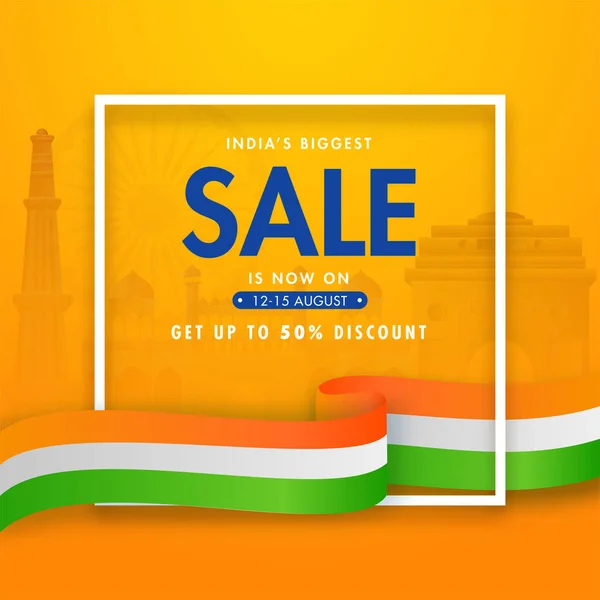 India Biggest Sale Poster Design Discount Offer Tricolor Wavy Ribbon — Stock Vector