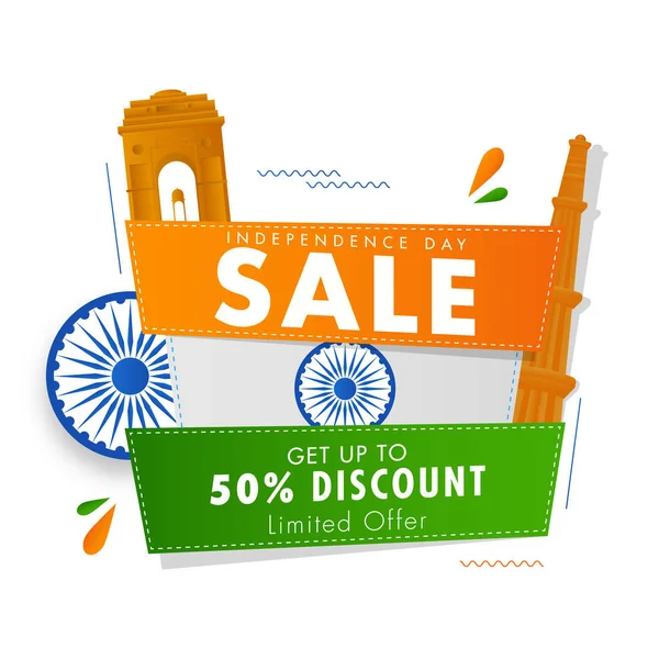 Independence Day Sale Label Αφίσα Σχεδιασμός Έκπτωση Προσφορά Ashoka Wheel — Διανυσματικό Αρχείο