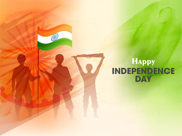 Hyvää Itsenäisyyspäivää Käsite Siluetti Sotilaat Intian Aaltoileva Lippu Kiiltävä Tricolor — vektorikuva