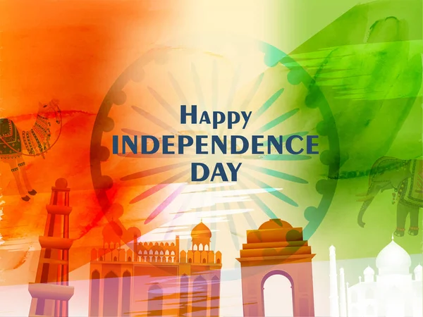 Happy Independence Day Concept Famous Monuments India Animals Tricolor Abstract — стоковый вектор