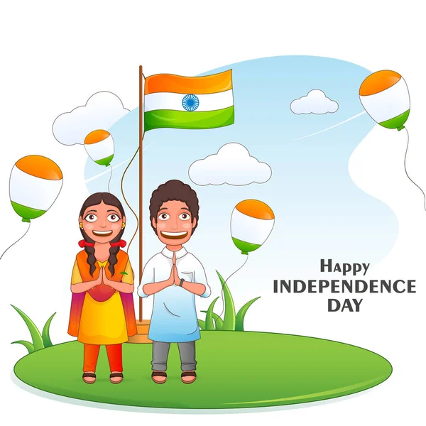 Happy Independence Day Concept Cartoon Kids Doing Namaste Indian Flag — Stock Vector