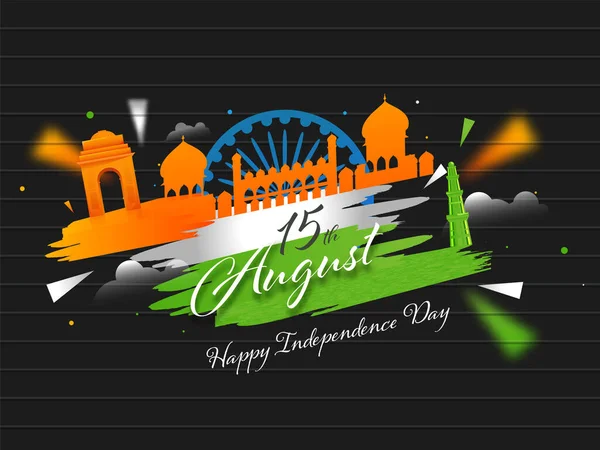 15Th August Happy Independence Day Font Indian Tricolor Brush Effect — Stock Vector