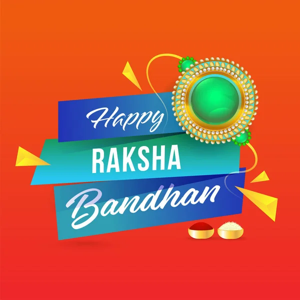 Happy Raksha Bandhan Fuente Con Pearl Rakhi Kumkum Arroz Tazón — Vector de stock