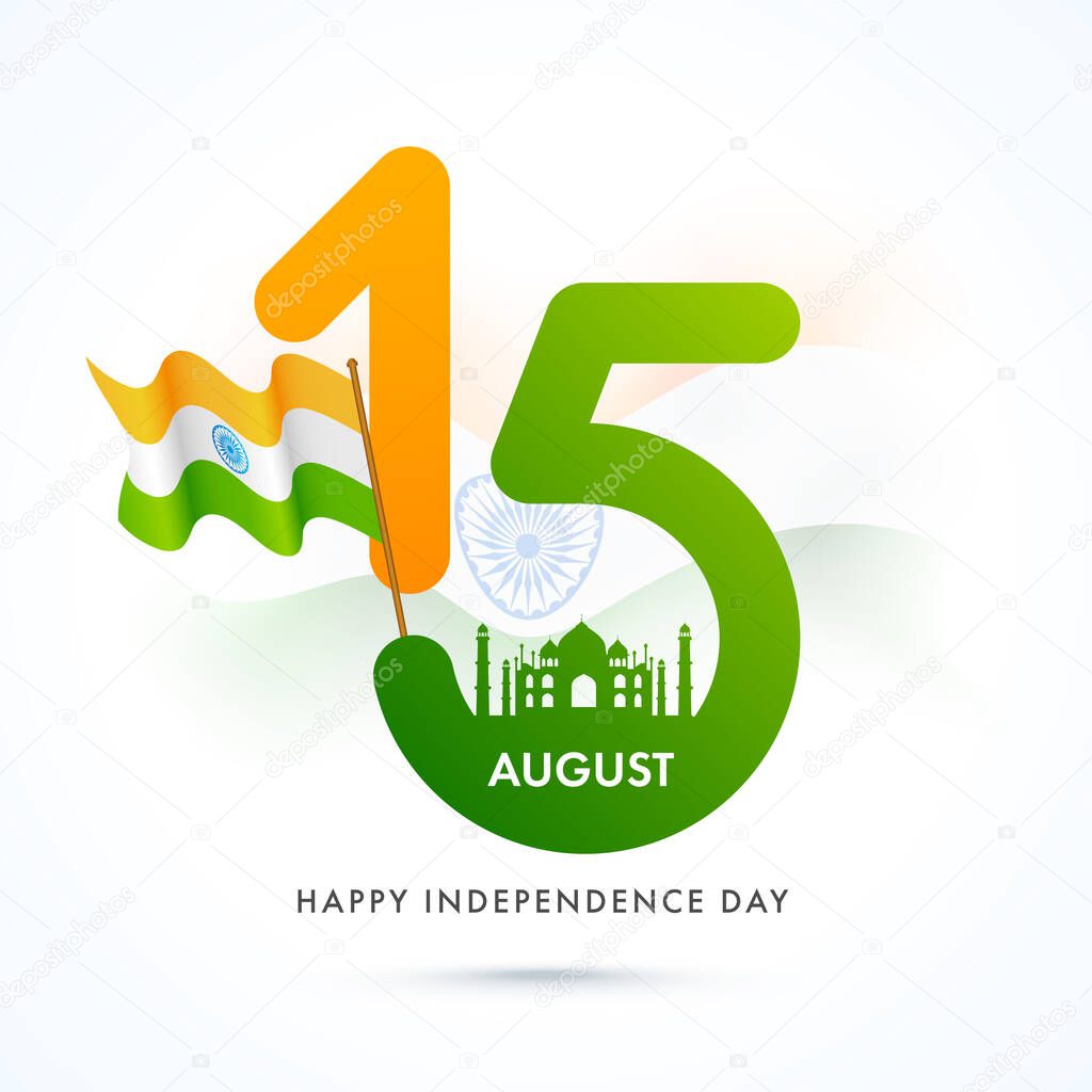 15th August Text With Silhouette Taj Mahal And Wavy Indian Flag On Glossy White Background For Happy Independence Day.