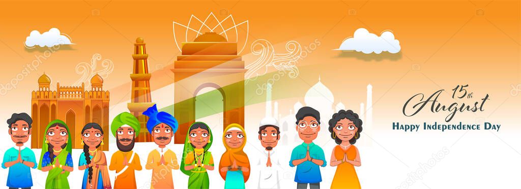 Different Religion People Doing Namaste (Welcome) Showing Diversity Of India And Famous Monuments Illustration For 15th August Celebration Concept.