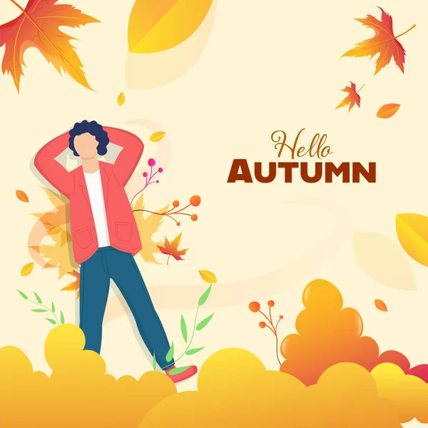Hello Autumn Background Faceless Young Boy Lying Maple Leaves — Stock Vector