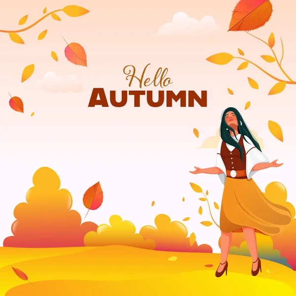 Young Girl Enjoying Autumn Season Glossy Nature Background — Stock Vector