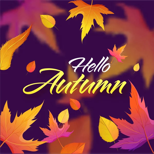 Hello Autumn Font Gradient Leaves Decorated Purple Background — стоковый вектор