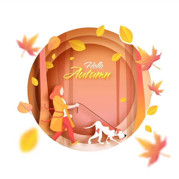 Hello Autumn Font Faceless Woman Holding Dog Leash Walking Pose — стоковый вектор