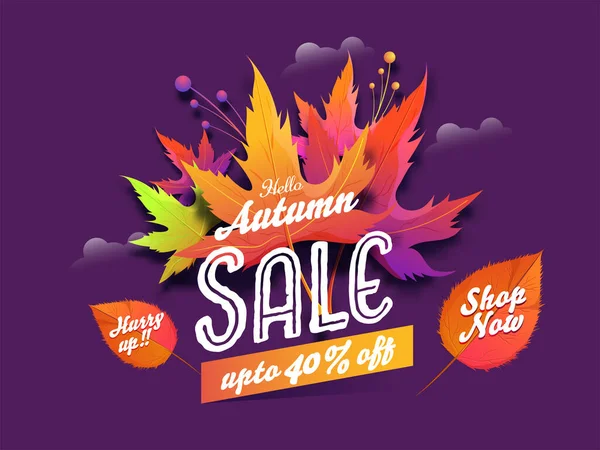Hello Autumn Sale Poster Design Discount Offer Colorful Leaves Purple — Stock Vector