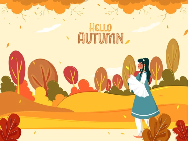 Иллюстрация Молодой Девушки Стоящей Красочном Фоне Природы Hello Autumn — стоковый вектор