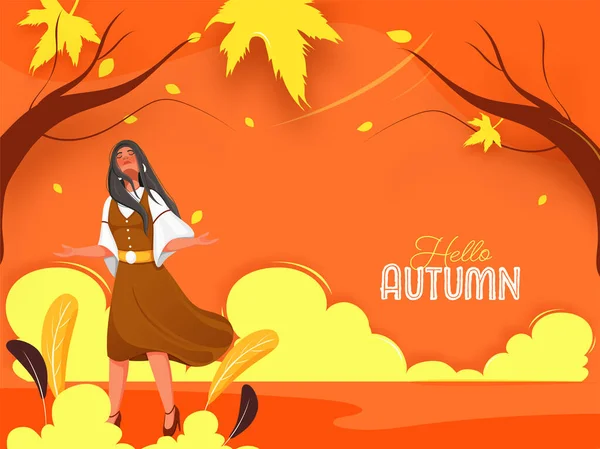 オレンジを背景に自然を楽しむ若い女の子とこんにちは秋のテキスト — ストックベクタ