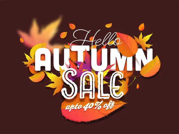 Hello Autumn Sale Text Decorated Leaves Discount Offer Brown Background — Stock Vector